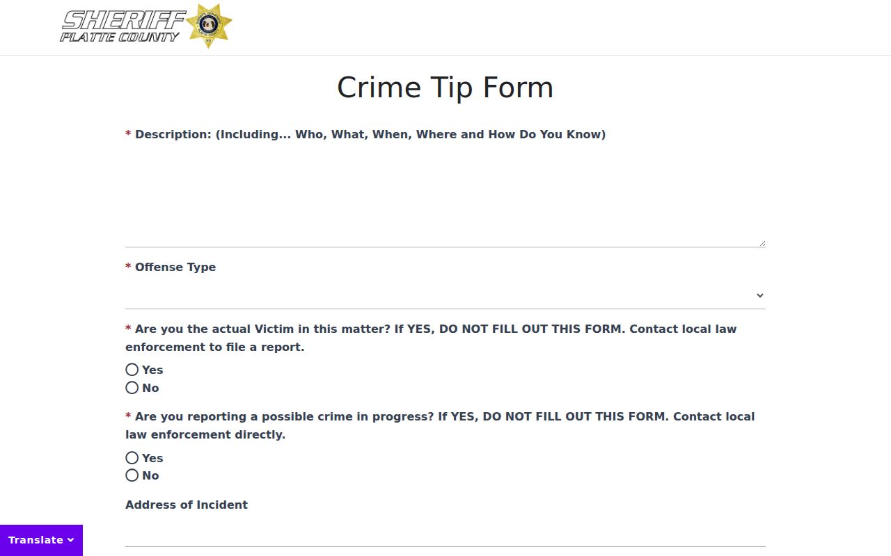 Platte County Sheriff crime tip form