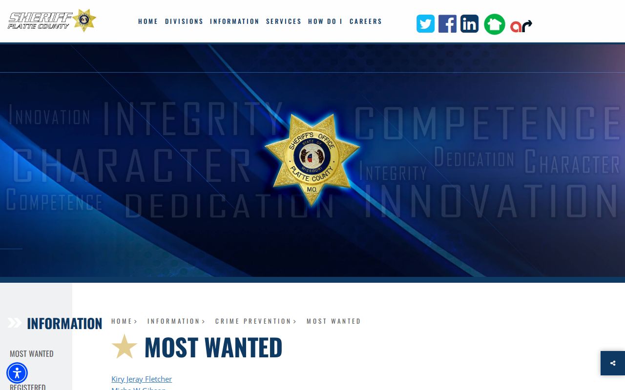 Platte County Sheriff Most Wanted program page
